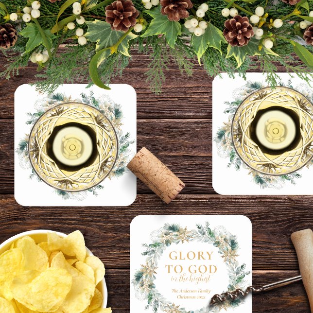 Posavasos Cuadrado De Papel Biblia de invierno contra Navidades religiosos (Religious Christmas cocktail coasters with Bible verse and winter greenery)