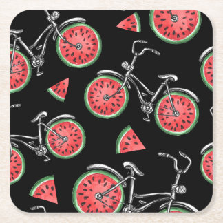 Posavasos Cuadrado De Papel Bicicletas con ruedas de sandía, patrón de verano.