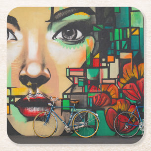 Posavasos Cuadrado De Papel Bicicletas en la pared del graffiti