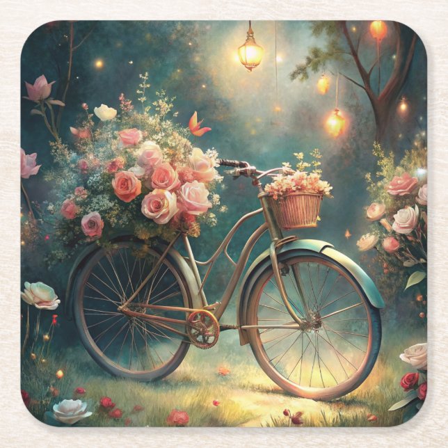 Posavasos Cuadrado De Papel Bicycle and Flowers (Anverso)