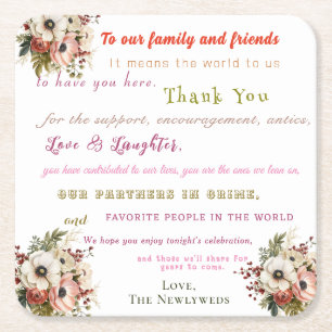 Posavasos Cuadrado De Papel Bienvenida a Boda divertido