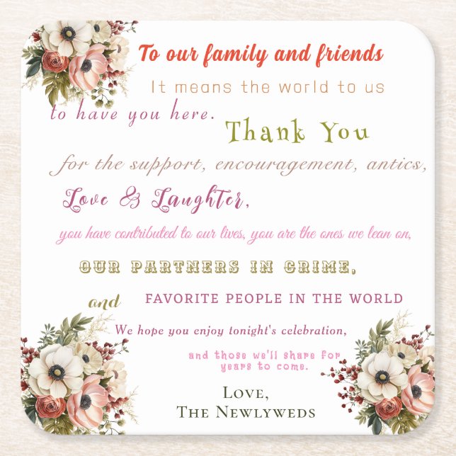 Posavasos Cuadrado De Papel Bienvenida a Boda divertido (Anverso)