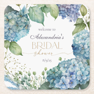 Posavasos Cuadrado De Papel Bienvenida a las Hidrangeas Azules de Ducha Bridal