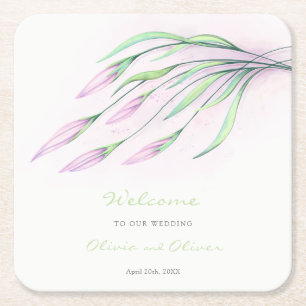 Posavasos Cuadrado De Papel Bienvenida Boda de Soft Purple Lilies