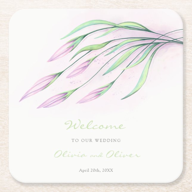 Posavasos Cuadrado De Papel Bienvenida Boda de Soft Purple Lilies (Anverso)