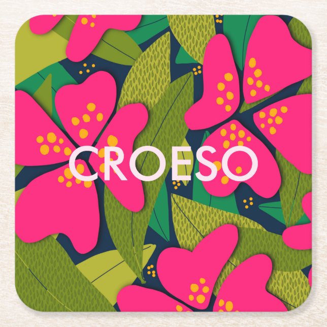 Posavasos Cuadrado De Papel Bienvenida galesa a las flores tropicales (Anverso)