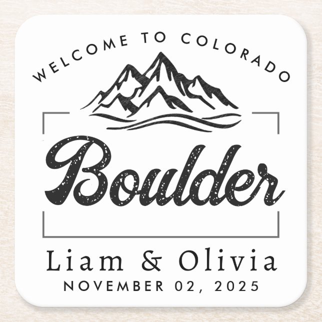 Posavasos Cuadrado De Papel Bienvenida Minimalista Boda de Boulder Colorado (Anverso)
