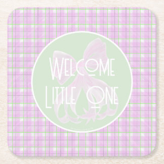 Posavasos Cuadrado De Papel Bienvenida pequeña una cuadros rosa y Lazo