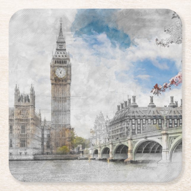 Posavasos Cuadrado De Papel Big Ben, Londres, Reino Unido (Anverso)