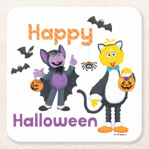 Posavasos Cuadrado De Papel Big Bird and Count   Feliz Halloween