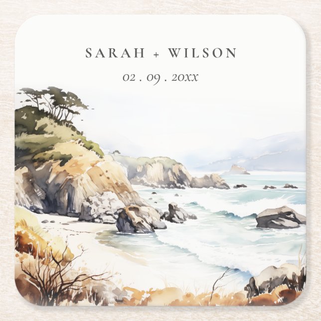 Posavasos Cuadrado De Papel Big Sur, California Watercolor Landscape Wedding (Anverso)