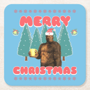 Posavasos Cuadrado De Papel Bigfoot Divertido - Feliz Navidad