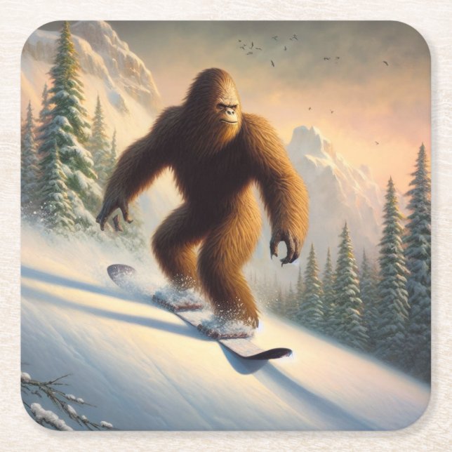 Posavasos Cuadrado De Papel Bigfoot Snowboarding (Anverso)