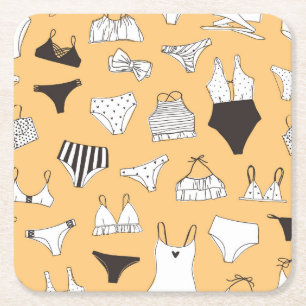 Posavasos Cuadrado De Papel Bikini tropical: Patrón de verano dibujado a mano