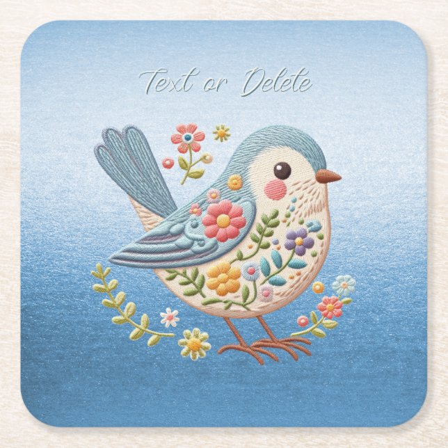 Posavasos Cuadrado De Papel Bird Floral Embroideric Blue Paper Coaster (Anverso)