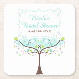 Posavasos Cuadrado De Papel Birds Hearts Tree Blue and Green Bridal Shower