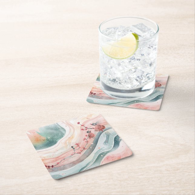 Posavasos Cuadrado De Papel Birds on a Heart Branch  (In situ)