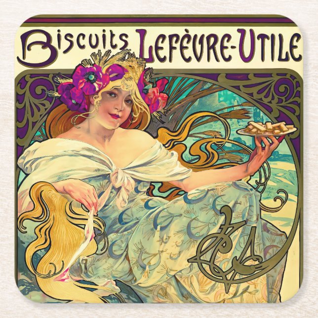 Posavasos Cuadrado De Papel Biscuits Lefevre-Utile de Alphonse Mucha (1896) (Anverso)