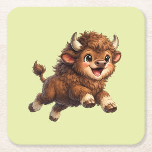 Posavasos Cuadrado De Papel Bison Lindo con Ojos Grandes Feliz Cómic de Vida S