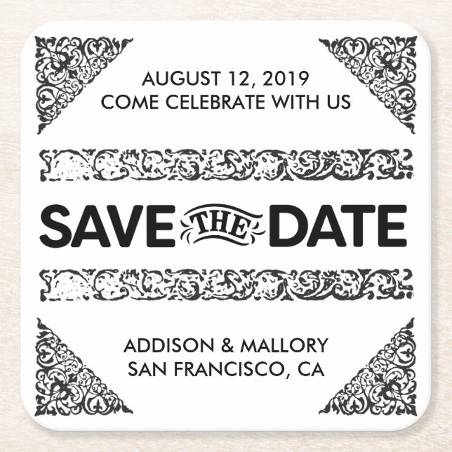 Posavasos Cuadrado De Papel Black and White Adored Save the Date Coasters (Anverso)