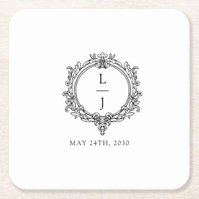 Posavasos Cuadrado De Papel black and white foliage Crest wedding (Anverso)