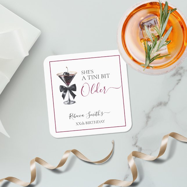 Posavasos Cuadrado De Papel Black Bow Cherry Drink 'A tini bit Older' Birthday (Subido por el creador)