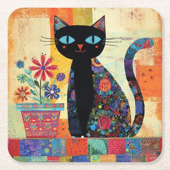 Posavasos Cuadrado De Papel Black Cat Folk Art (Anverso)