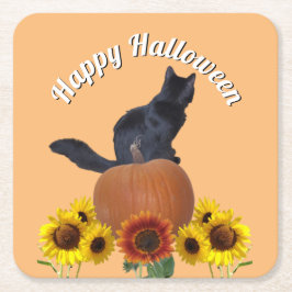 Posavasos Cuadrado De Papel  Black Cat Halloween Sunflowers Pumpkins Orange 