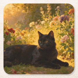 Posavasos Cuadrado De Papel Black Cat in the Flowers I