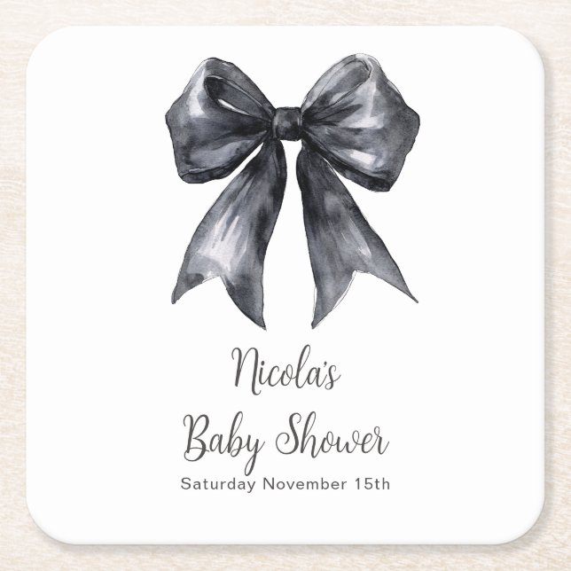 Posavasos Cuadrado De Papel Black Coquette Bow Baby Shower (Anverso)