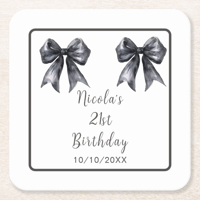 Posavasos Cuadrado De Papel Black Coquette Bow Birthday Party (Anverso)