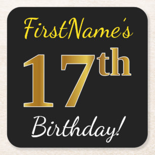 Posavasos Cuadrado De Papel Black, Faux Gold 17th Birthday + Custom Name