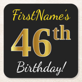 Posavasos Cuadrado De Papel Black, Faux Gold 46th Birthday + Custom Name