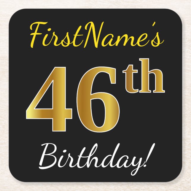 Posavasos Cuadrado De Papel Black, Faux Gold 46th Birthday + Custom Name (Anverso)