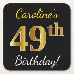 Posavasos Cuadrado De Papel Black, Faux Gold 49th Birthday + Custom Name