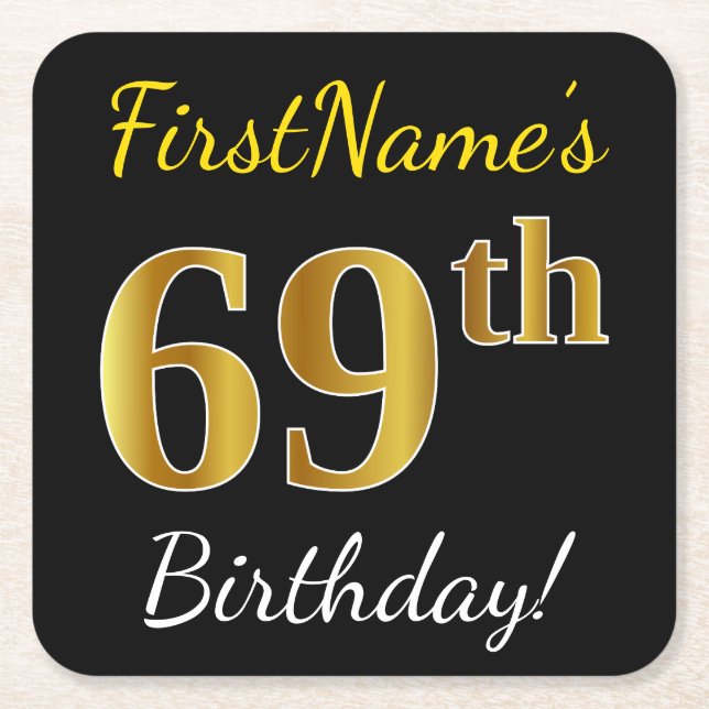 Posavasos Cuadrado De Papel Black, Faux Gold 69th Birthday + Custom Name (Anverso)