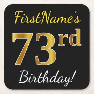Posavasos Cuadrado De Papel Black, Faux Gold 73rd Birthday + Custom Name