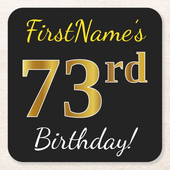 Posavasos Cuadrado De Papel Black, Faux Gold 73rd Birthday + Custom Name (Anverso)