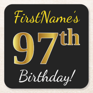 Posavasos Cuadrado De Papel Black, Faux Gold 97th Birthday + Custom Name