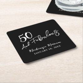 Posavasos Cuadrado De Papel Black Fifty and Fabulous Script Birthday Party