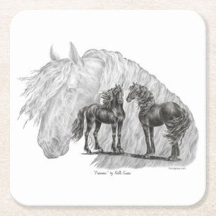 Posavasos Cuadrado De Papel Black Friesian Horses Manes Tails