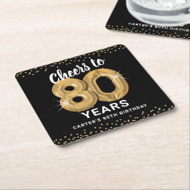 Posavasos Cuadrado De Papel Black Gold Cheers a 80 años cumpleaños