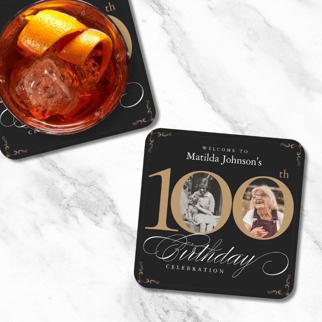Posavasos Cuadrado De Papel Black Gold Elegant Photo 100th Birthday Party (Mockup View)