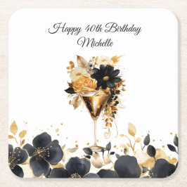 Posavasos Cuadrado De Papel Black Gold Floral Cocktail Drinks 40th Birthday