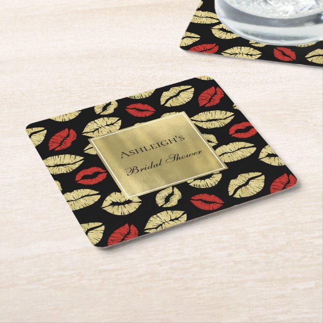 Posavasos Cuadrado De Papel Black Gold Glam Lips Bridal Shower (En perspectiva)