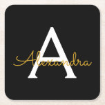Posavasos Cuadrado De Papel Black Gold Modern Script Girly Monograma Nombre<br><div class="desc">Máster de papel de monograma con escritura simple en negro y oro. Esto hace que la graduación perfecta, el cumpleaños, el boda, la ducha de novia, el aniversario, la ducha de bebé o la fiesta de soltera sea un regalo para alguien que ama el lujo glam y los estilos de...</div>
