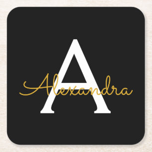 Posavasos Cuadrado De Papel Black Gold Modern Script Girly Monograma Nombre