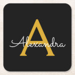 Posavasos Cuadrado De Papel Black Gold Modern Script Girly Monograma Nombre<br><div class="desc">Máster de papel de monograma con escritura simple en negro y oro. Esto hace que la graduación perfecta, el cumpleaños, el boda, la ducha de novia, el aniversario, la ducha de bebé o la fiesta de soltera sea un regalo para alguien que ama el lujo glam y los estilos de...</div>