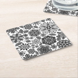 Posavasos Cuadrado De Papel Black Gray White Retro Floral Art Seamless Pattern