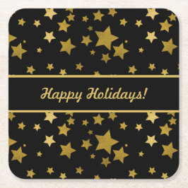 Posavasos Cuadrado De Papel Black Happy Holidays Coaster with Golden Stars